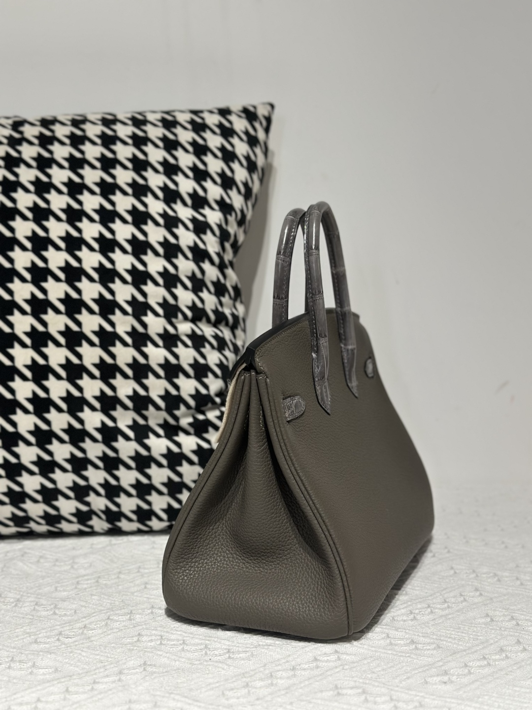 Crocodile Leather Gray 25cm Glossy Mixed Leather Silver Hardware Top Handle Tote Bag WCB018 image 4
