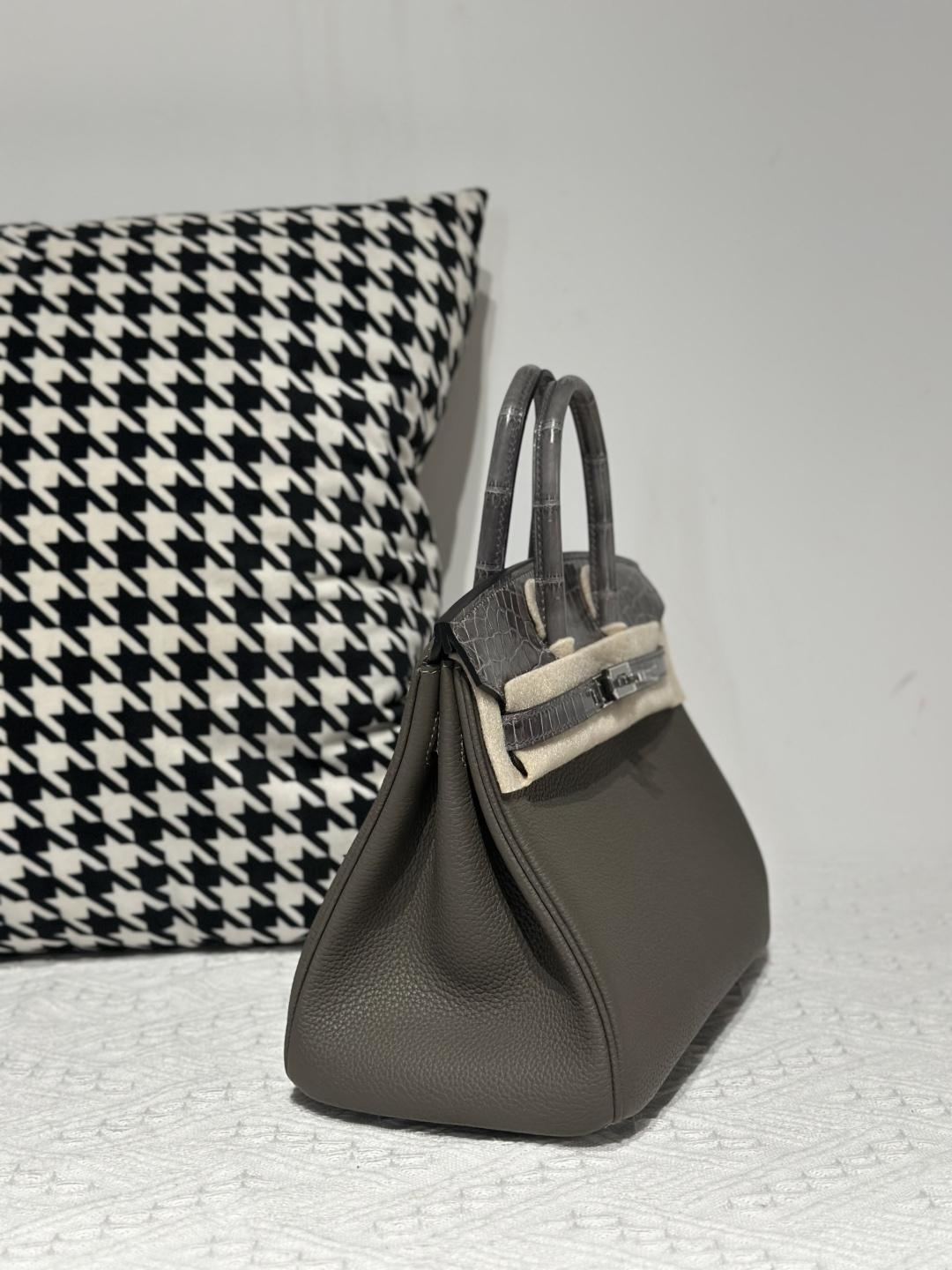 Crocodile Leather Gray 25cm Glossy Mixed Leather Silver Hardware Top Handle Tote Bag WCB018 image 5