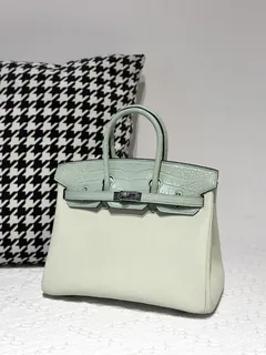 Crocodile Leather Mint Green 25cm Matte Mixed Leather Silver Hardware Top Handle Tote Bag WCB019 image 1