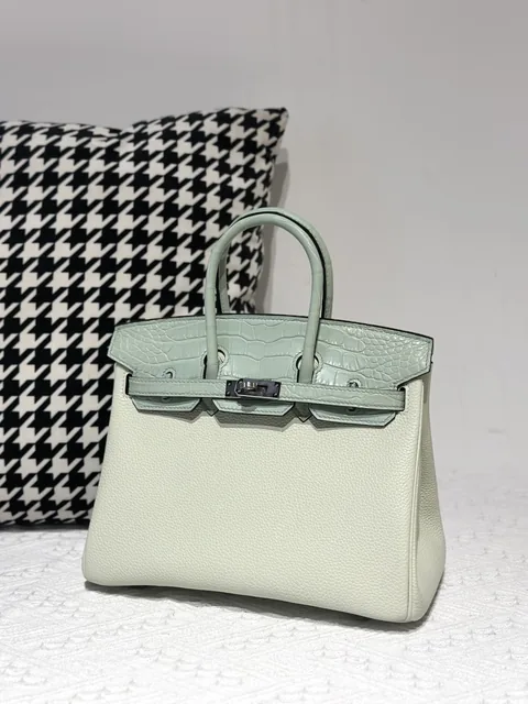 Crocodile Leather Mint Green 25cm Matte Mixed Leather Silver Hardware Top Handle Tote Bag WCB019