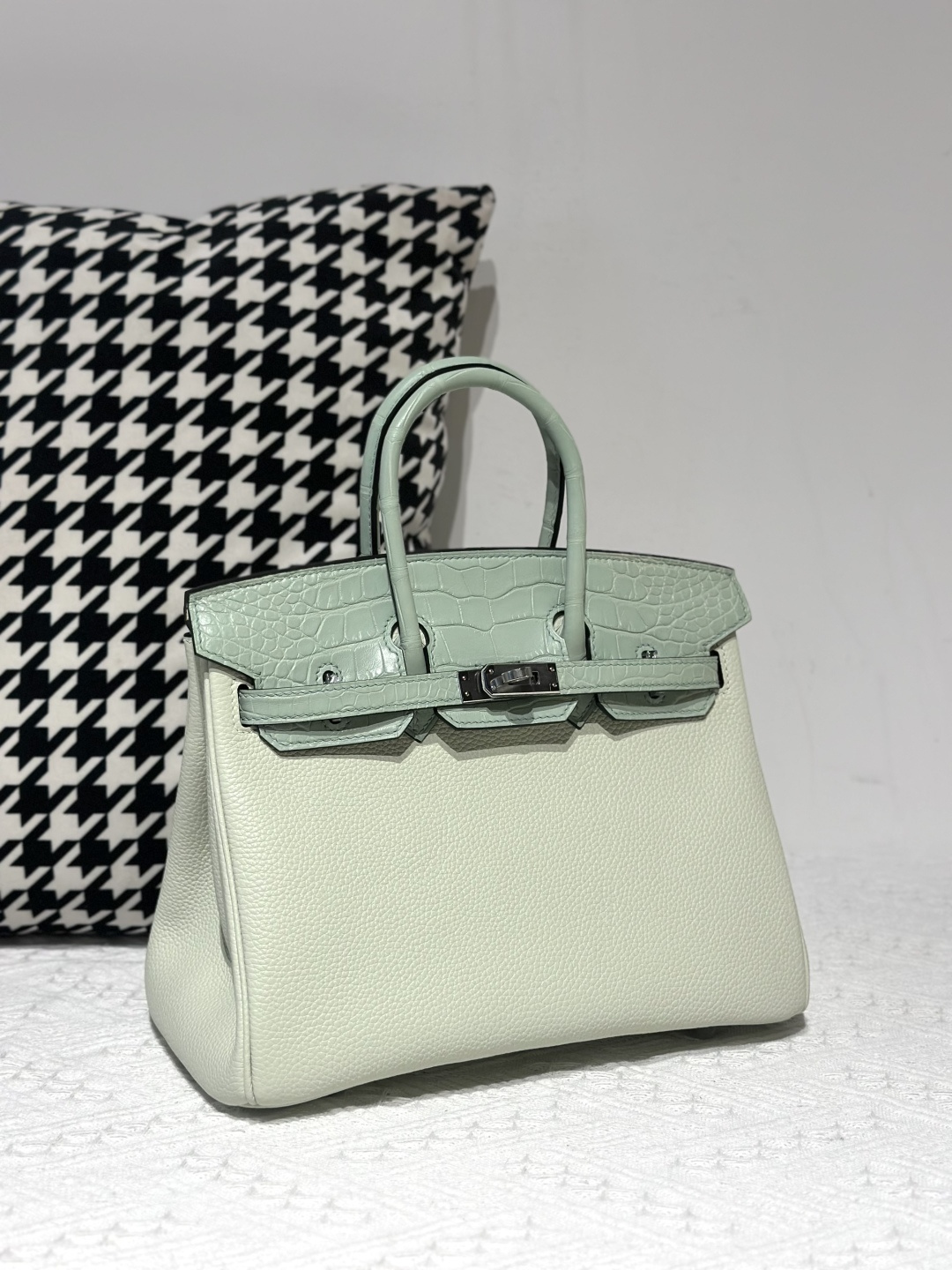 Crocodile Leather Mint Green 25cm Matte Mixed Leather Silver Hardware Top Handle Tote Bag WCB019 photo 2