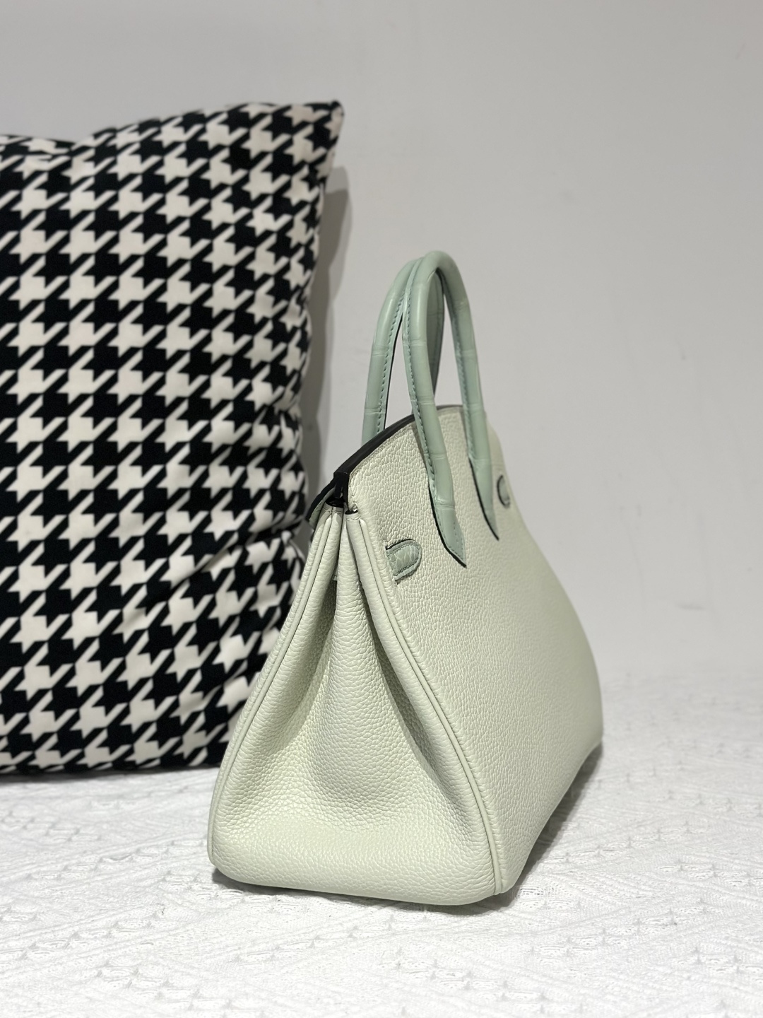 Crocodile Leather Mint Green 25cm Matte Mixed Leather Silver Hardware Top Handle Tote Bag WCB019 photo 4