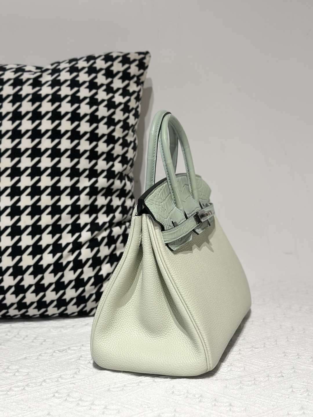 Crocodile Leather Mint Green 25cm Matte Mixed Leather Silver Hardware Top Handle Tote Bag WCB019 photo 5