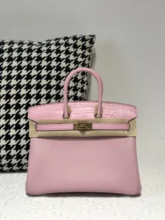 Crocodile Leather Sakura Pink 25cm Matte Mixed Leather Gold Hardware Top Handle Tote Bag WCB021 image 1