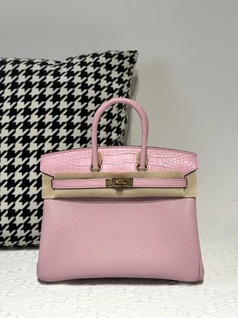 Crocodile Leather Sakura Pink 25cm Matte Mixed Leather Gold Hardware Top Handle Tote Bag WCB021