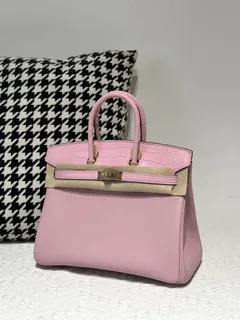 Crocodile Leather Sakura Pink 25cm Matte Mixed Leather Gold Hardware Top Handle Tote Bag WCB021 image 2