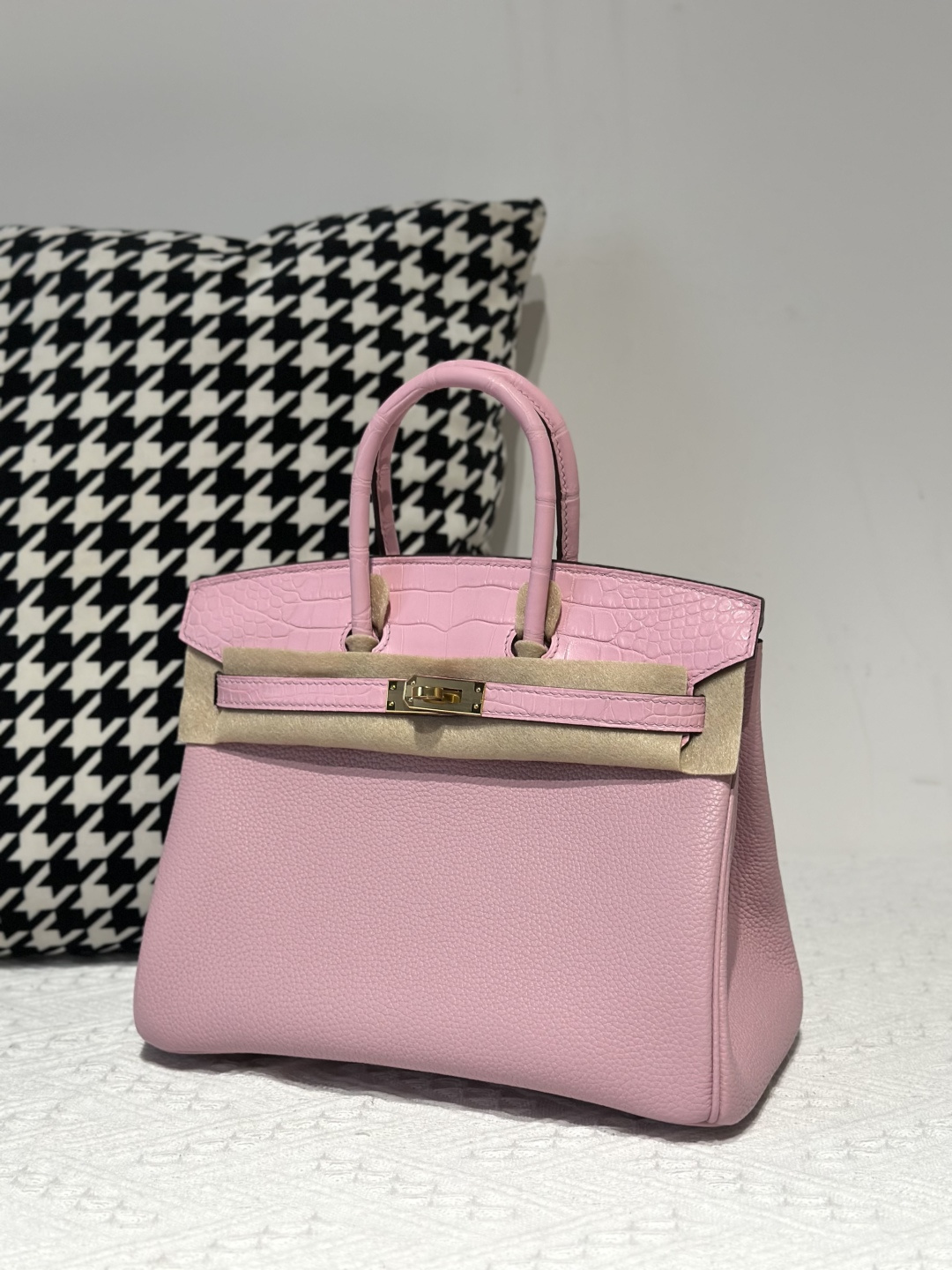Crocodile Leather Sakura Pink 25cm Matte Mixed Leather Gold Hardware Top Handle Tote Bag WCB021 photo 2
