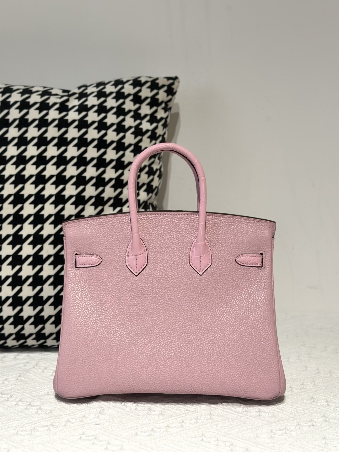 Crocodile Leather Sakura Pink 25cm Matte Mixed Leather Gold Hardware Top Handle Tote Bag WCB021 photo 3