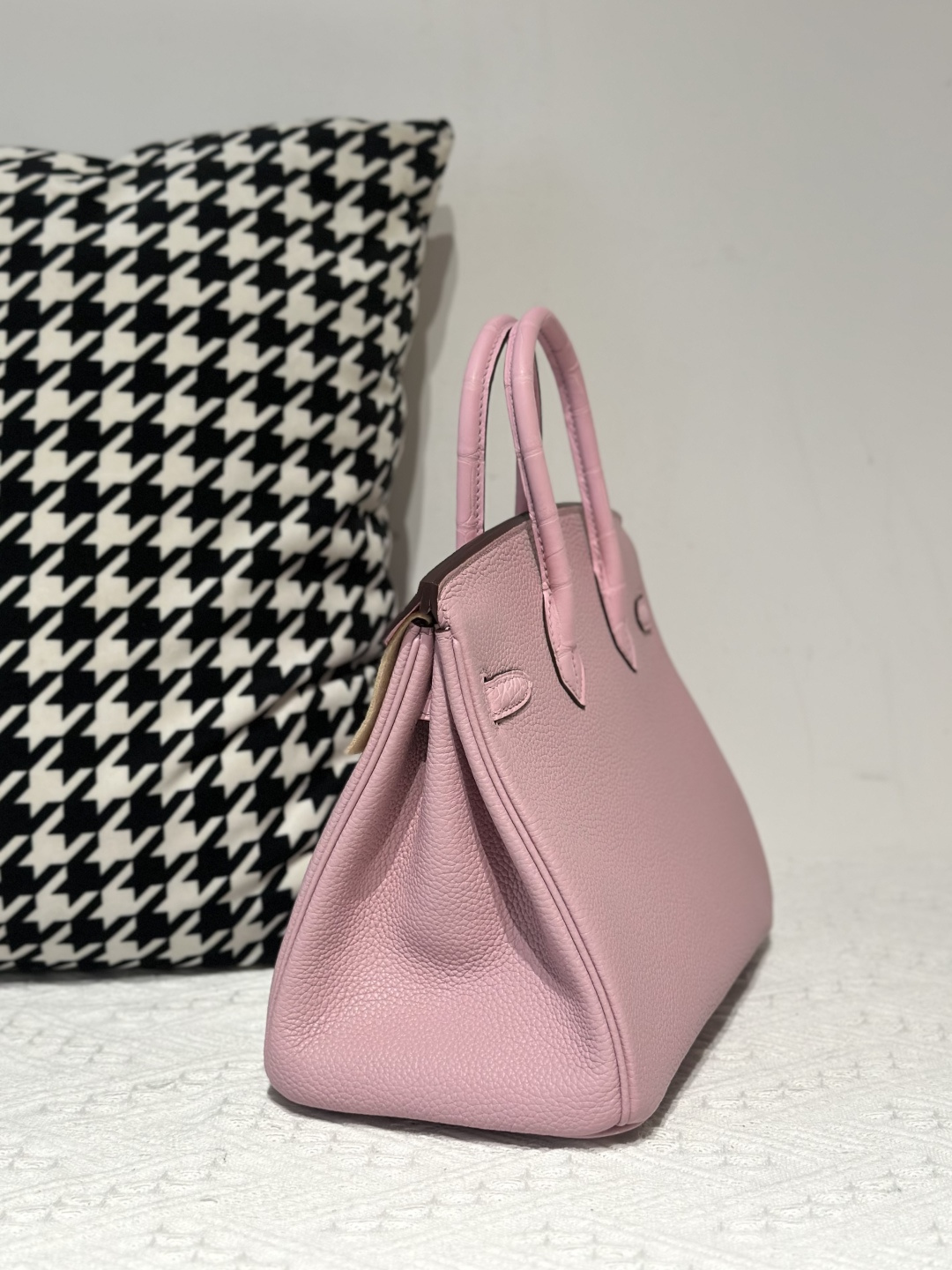Crocodile Leather Sakura Pink 25cm Matte Mixed Leather Gold Hardware Top Handle Tote Bag WCB021 photo 4