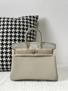 Crocodile Leather Pearl Gray 25cm Matte Mixed Leather Silver Hardware Top Handle Tote Bag WCB023 image 1