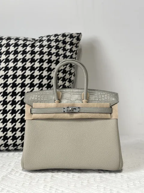 Crocodile Leather Pearl Gray 25cm Matte Mixed Leather Silver Hardware Top Handle Tote Bag WCB023