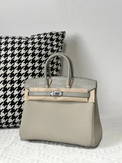 Crocodile Leather Pearl Gray 25cm Matte Mixed Leather Silver Hardware Top Handle Tote Bag WCB023 image 2