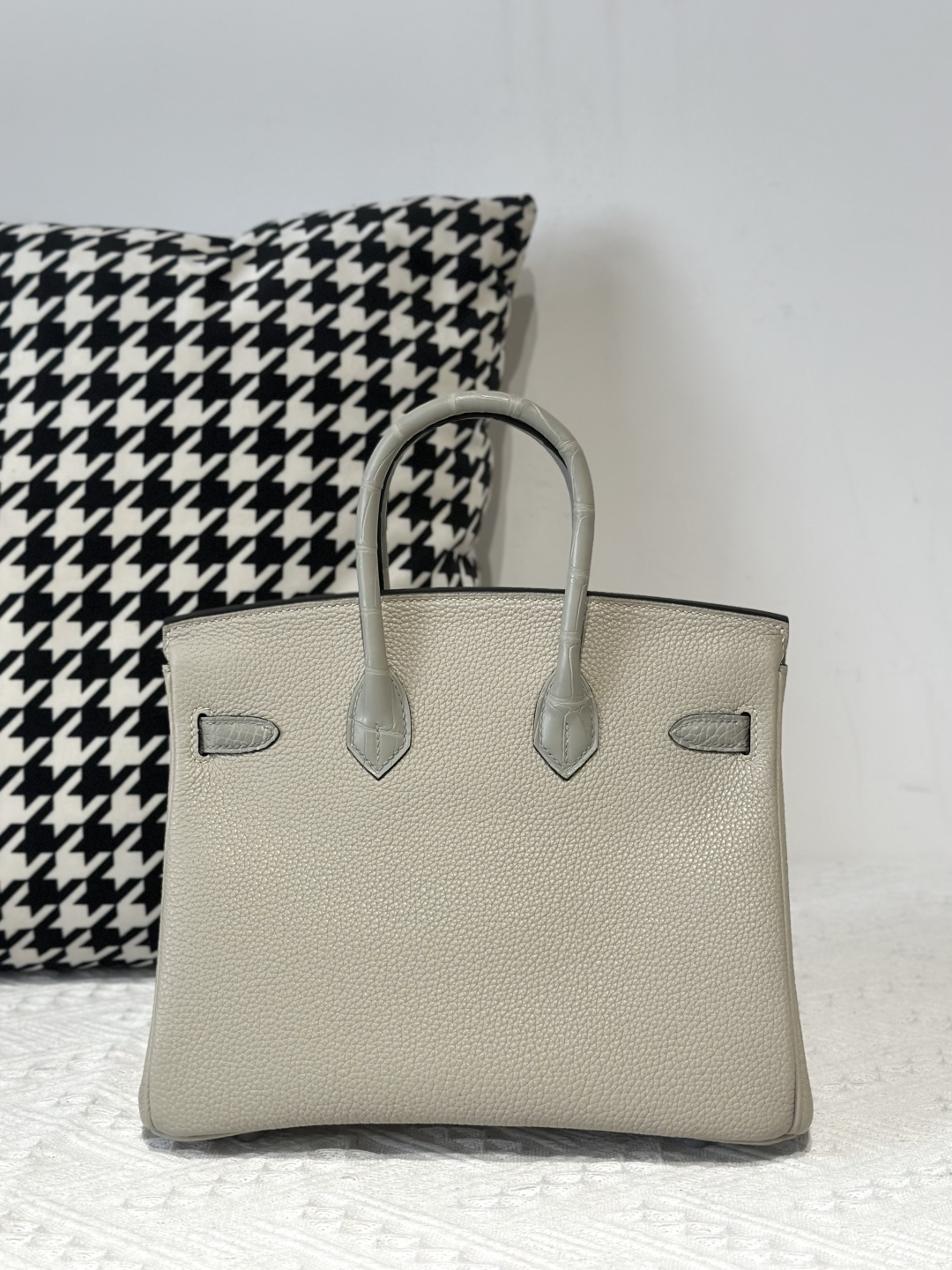 Crocodile Leather Pearl Gray 25cm Matte Mixed Leather Silver Hardware Top Handle Tote Bag WCB023 photo 3