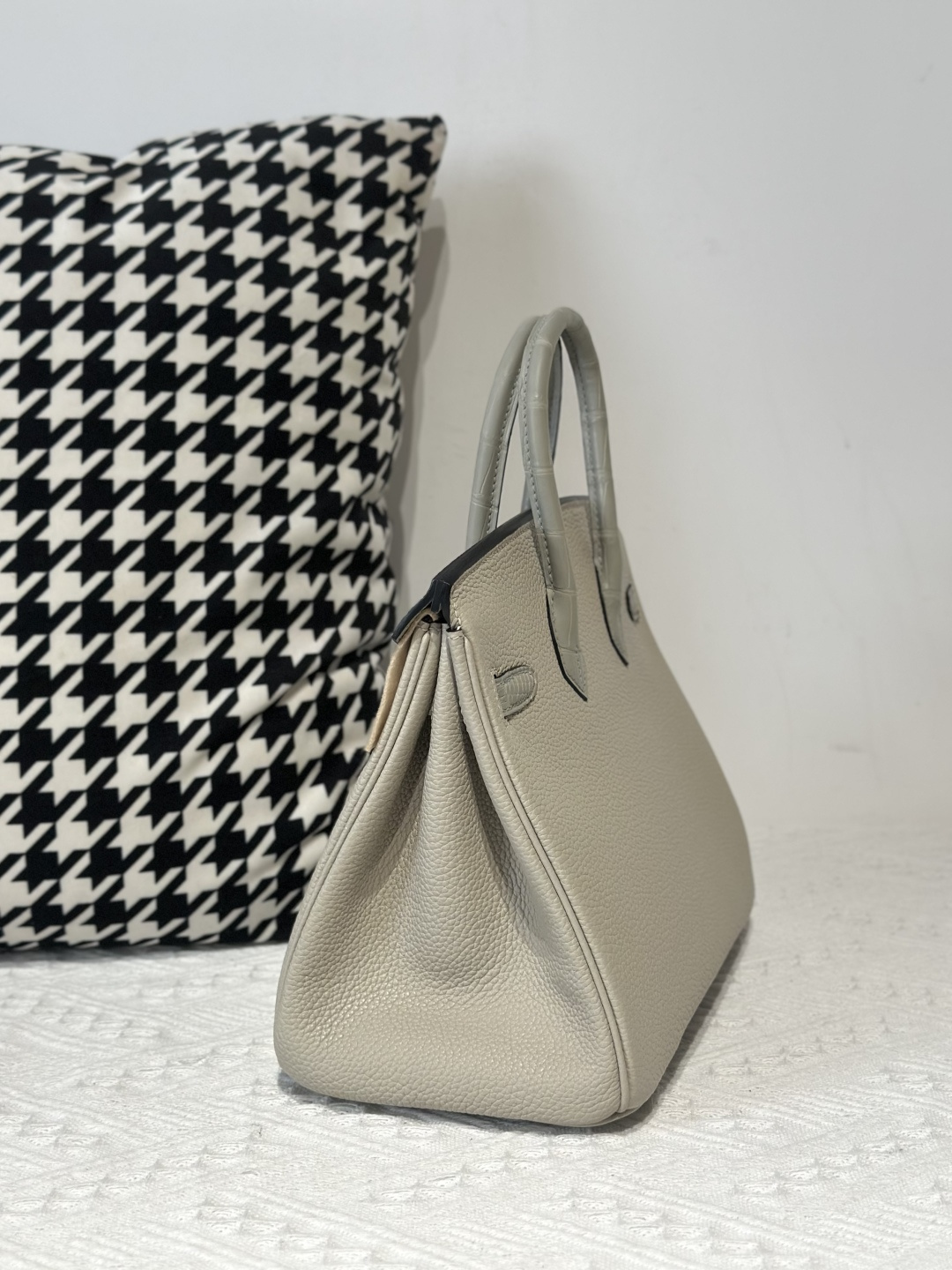 Crocodile Leather Pearl Gray 25cm Matte Mixed Leather Silver Hardware Top Handle Tote Bag WCB023 photo 4