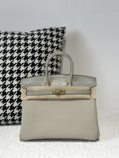 Crocodile Leather Pearl Gray 25cm Matte Mixed Leather Gold Hardware Top Handle Tote Bag WCB024 image 1