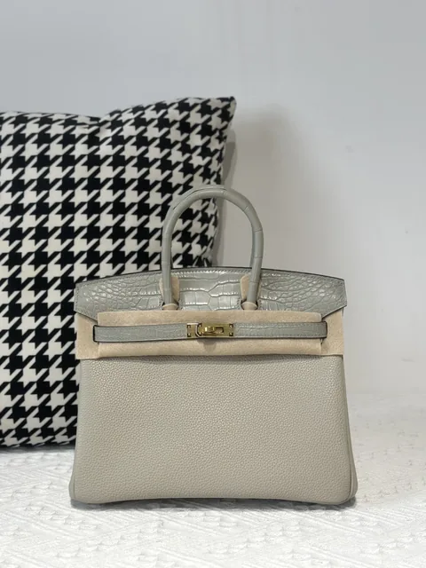 Crocodile Leather Pearl Gray 25cm Matte Mixed Leather Gold Hardware Top Handle Tote Bag WCB024