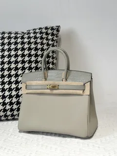 Crocodile Leather Pearl Gray 25cm Matte Mixed Leather Gold Hardware Top Handle Tote Bag WCB024 image 2