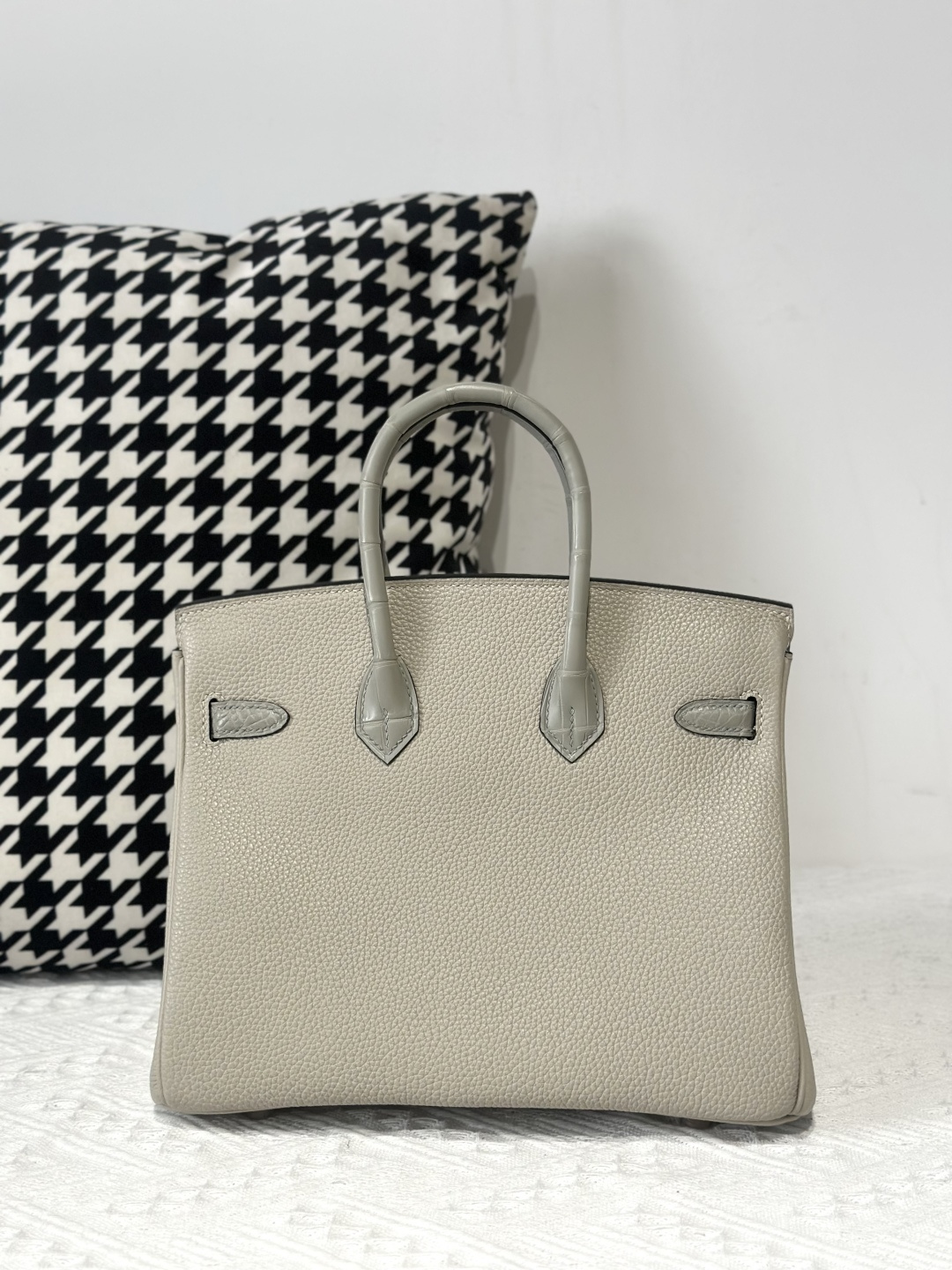 Crocodile Leather Pearl Gray 25cm Matte Mixed Leather Gold Hardware Top Handle Tote Bag WCB024 photo 3
