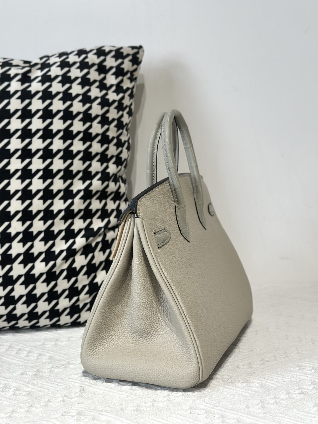 Crocodile Leather Pearl Gray 25cm Matte Mixed Leather Gold Hardware Top Handle Tote Bag WCB024 photo 4