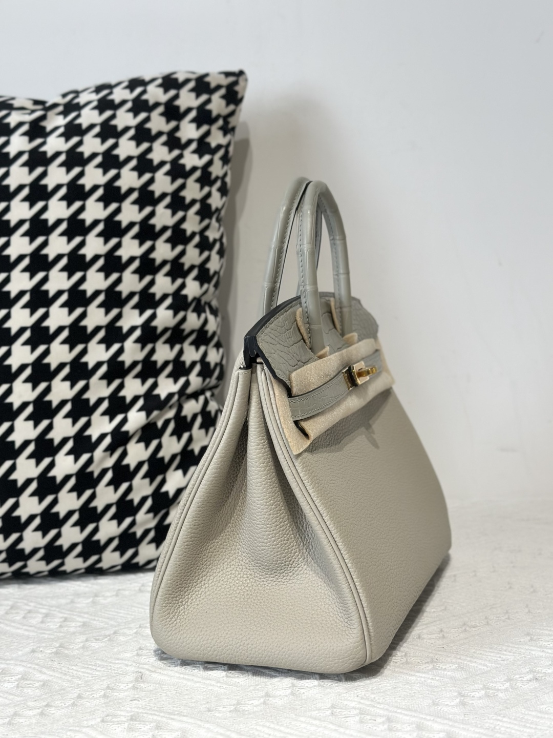 Crocodile Leather Pearl Gray 25cm Matte Mixed Leather Gold Hardware Top Handle Tote Bag WCB024 photo 5