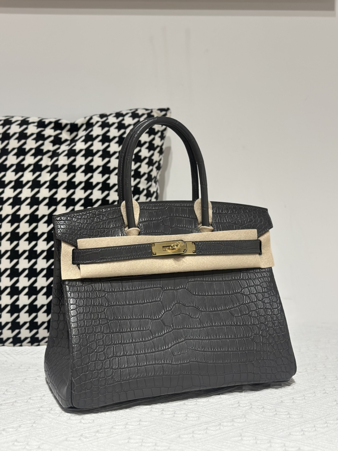 Crocodile Leather Graphite Gray 30cm Matte Gold Hardware Top Handle Tote Bag WCB029 image 2