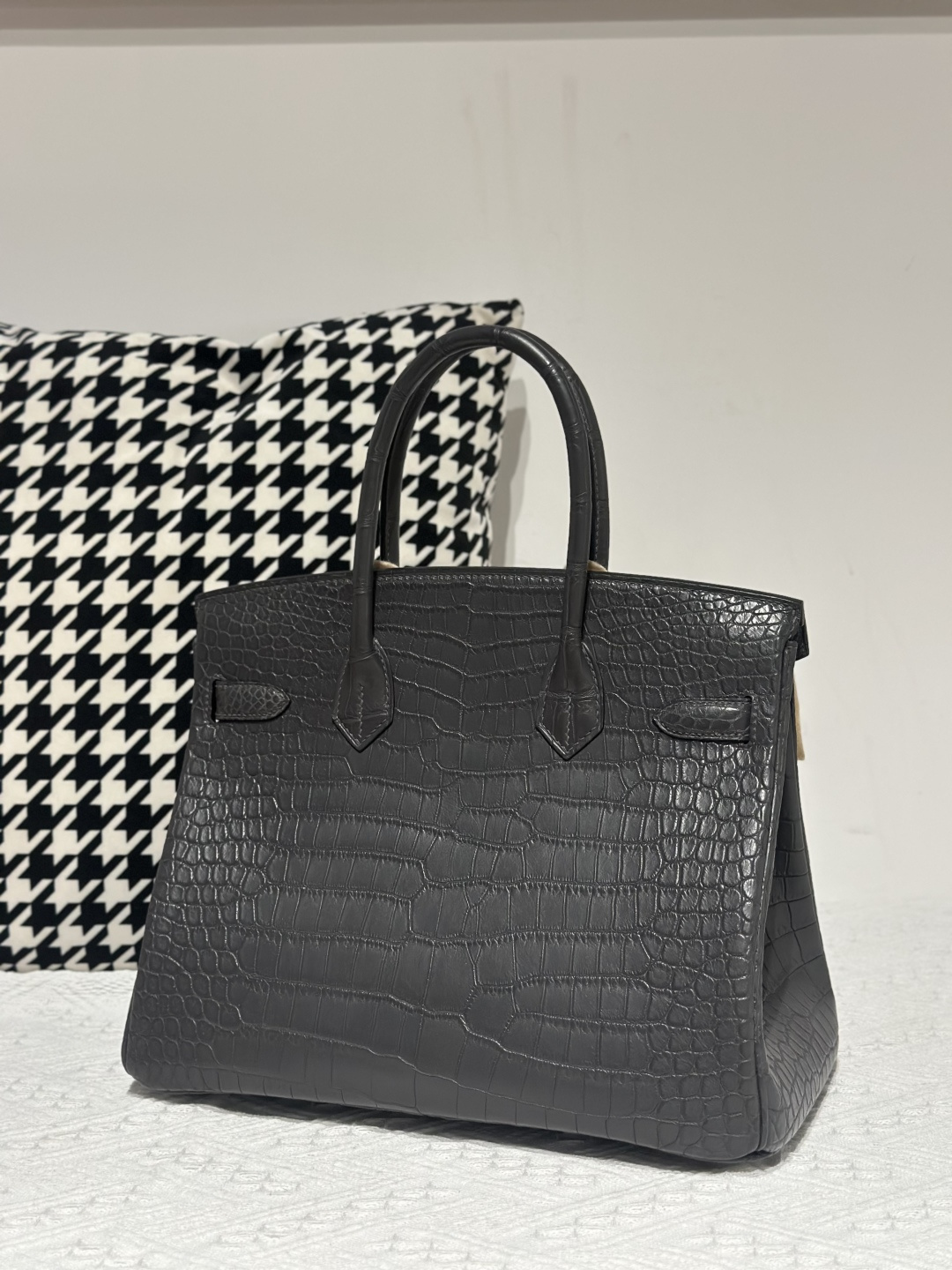 Crocodile Leather Graphite Gray 30cm Matte Gold Hardware Top Handle Tote Bag WCB029 image 3