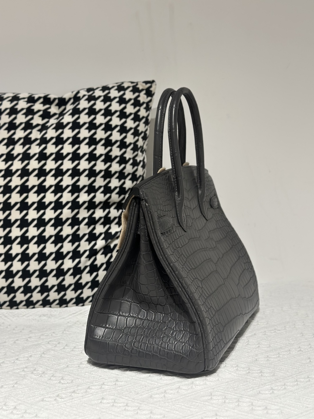 Crocodile Leather Graphite Gray 30cm Matte Gold Hardware Top Handle Tote Bag WCB029 image 4