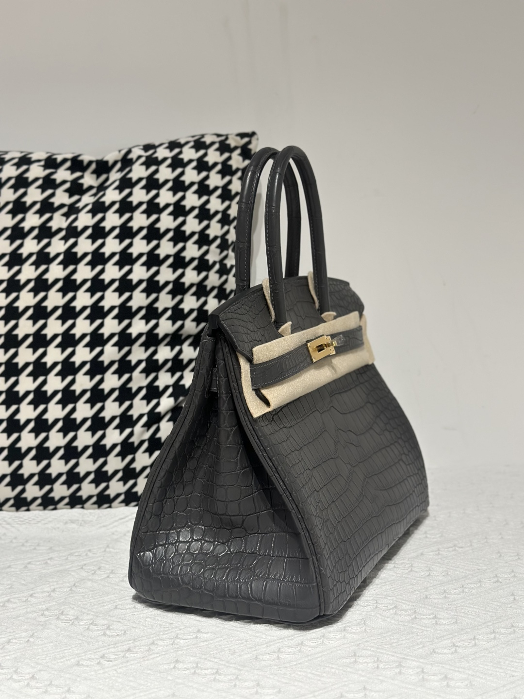 Crocodile Leather Graphite Gray 30cm Matte Gold Hardware Top Handle Tote Bag WCB029 image 5