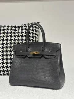 Crocodile Leather Graphite Gray 30cm Matte Gold Hardware Top Handle Tote Bag WCB030 image 1