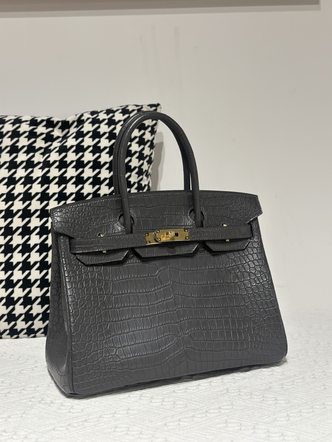 Crocodile Leather Graphite Gray 30cm Matte Gold Hardware Top Handle Tote Bag WCB030 photo 2