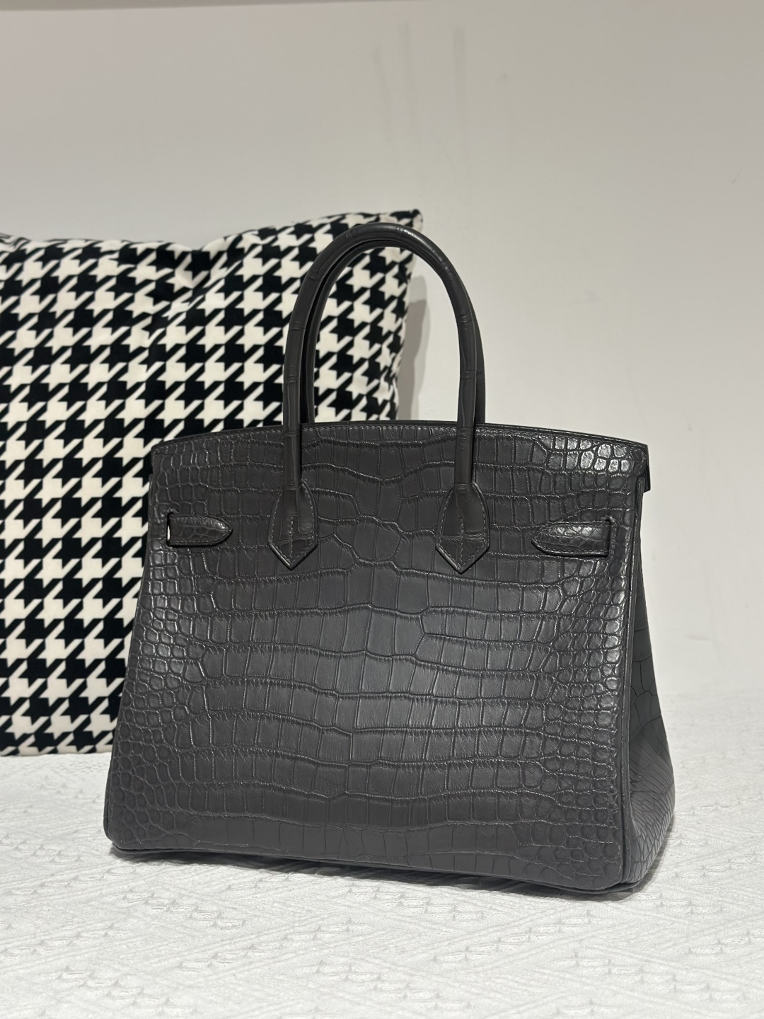 Crocodile Leather Graphite Gray 30cm Matte Gold Hardware Top Handle Tote Bag WCB030 photo 3