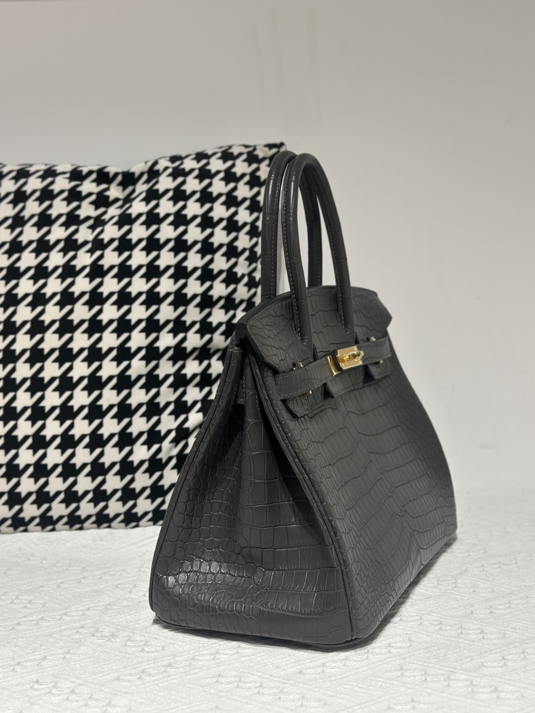 Crocodile Leather Graphite Gray 30cm Matte Gold Hardware Top Handle Tote Bag WCB030 photo 5
