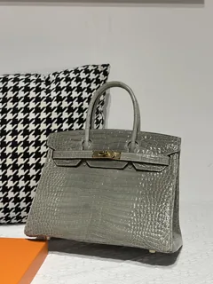 Crocodile Leather Dove Gray 30cm Glossy Gold Hardware Top Handle Tote Bag WCB031 image 1