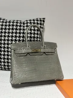 Crocodile Leather Dove Gray 30cm Glossy Gold Hardware Top Handle Tote Bag WCB031 image 2