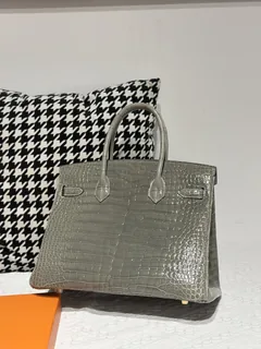 Crocodile Leather Dove Gray 30cm Glossy Gold Hardware Top Handle Tote Bag WCB031 image 3
