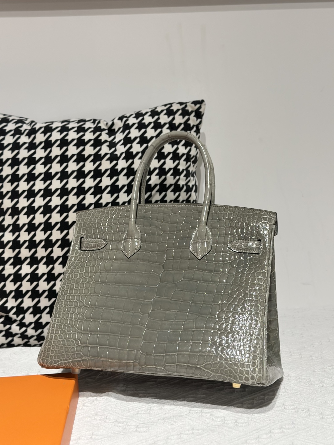 Crocodile Leather Dove Gray 30cm Glossy Gold Hardware Top Handle Tote Bag WCB031 image 3