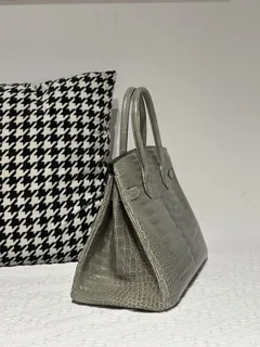 Crocodile Leather Dove Gray 30cm Glossy Gold Hardware Top Handle Tote Bag WCB031 image 4