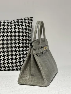 Crocodile Leather Dove Gray 30cm Glossy Gold Hardware Top Handle Tote Bag WCB031 image 5