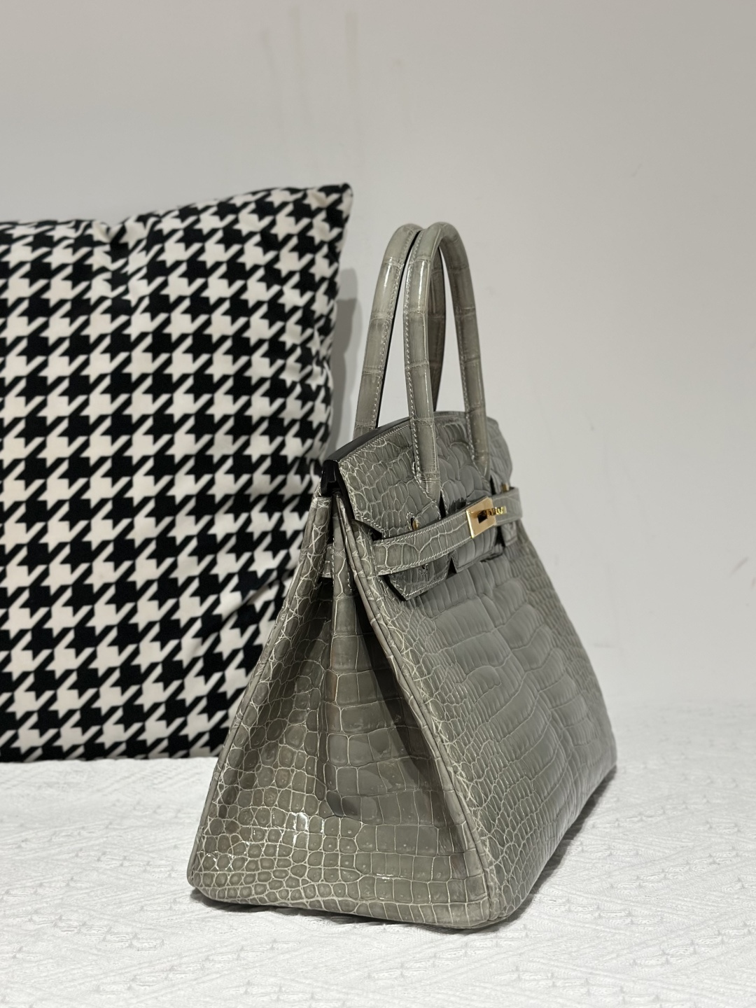 Crocodile Leather Dove Gray 30cm Glossy Gold Hardware Top Handle Tote Bag WCB031 image 5