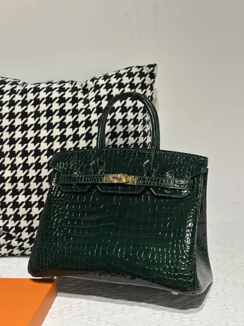 Crocodile Leather Emerald Green 30cm Glossy Gold Hardware Top Handle Tote Bag WCB032