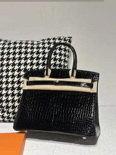 Crocodile Leather Black 30cm Glossy Gold Hardware Top Handle Tote Bag WCB033 image 1