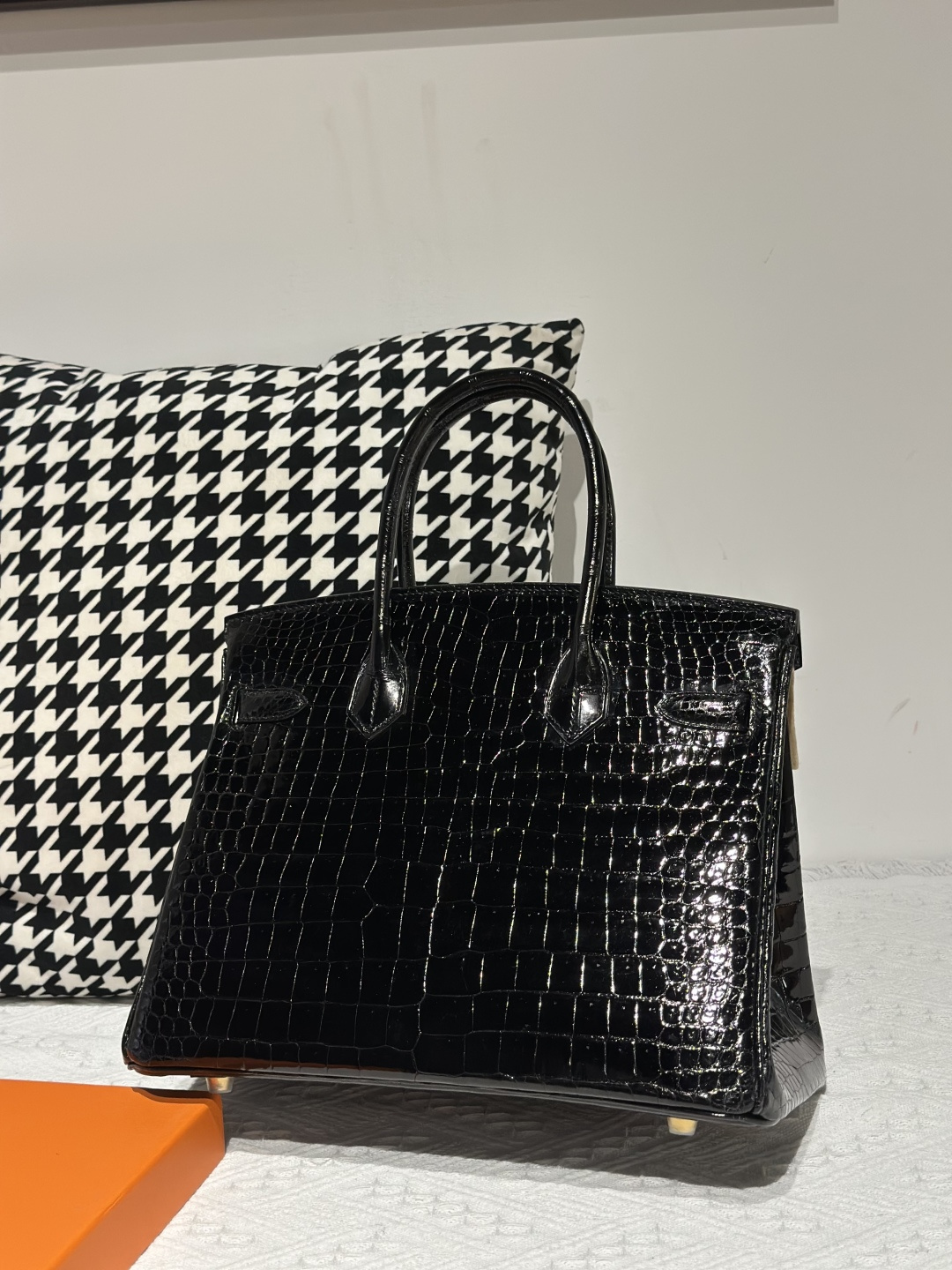 Crocodile Leather Black 30cm Glossy Gold Hardware Top Handle Tote Bag WCB033 photo 3