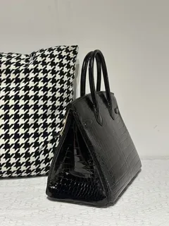 Crocodile Leather Black 30cm Glossy Gold Hardware Top Handle Tote Bag WCB033 image 4