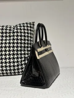 Crocodile Leather Black 30cm Glossy Gold Hardware Top Handle Tote Bag WCB033 image 5