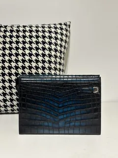 Crocodile Leather Men's Pale Moon Blue Hand-Finished Silver Hardware Clutch Bag WCB037 image 2