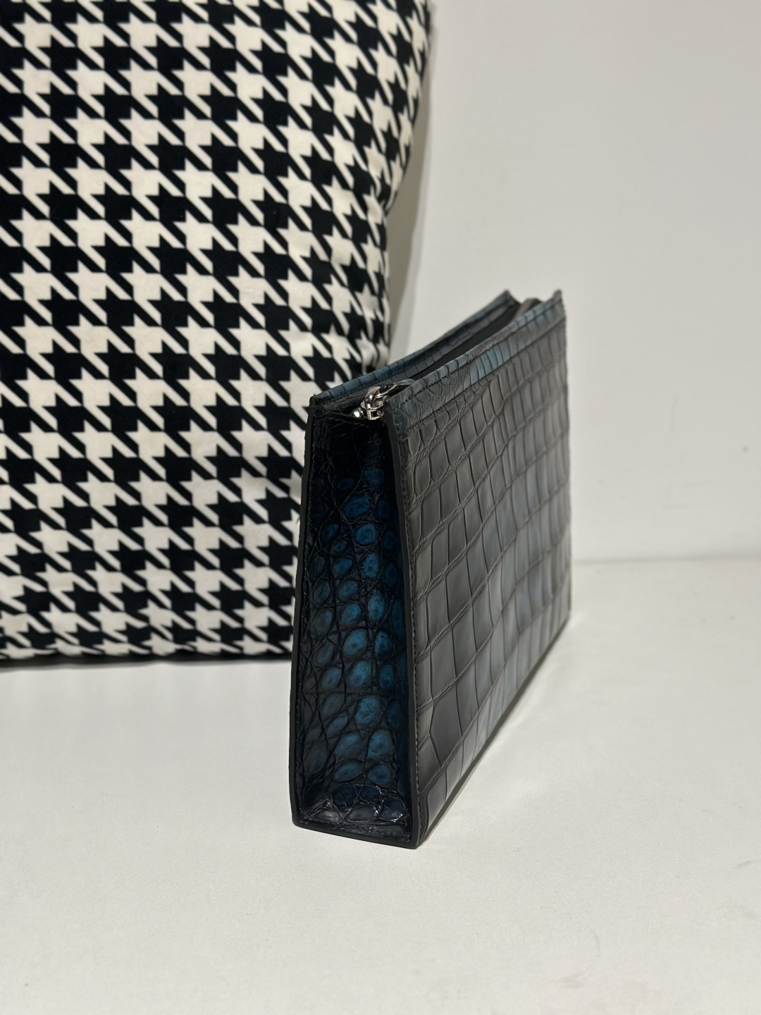Crocodile Leather Men's Pale Moon Blue Hand-Finished Silver Hardware Clutch Bag WCB037 photo 5