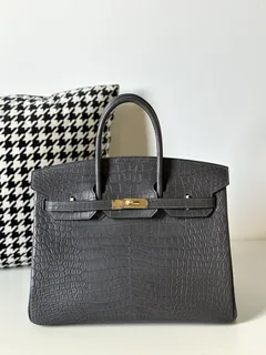Crocodile Leather Graphite Gray 35cm Matte Gold Hardware Top Handle Tote Bag WCB040 image 1