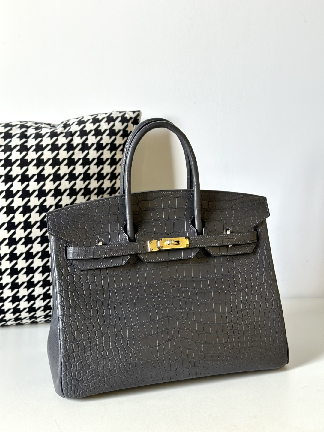 Crocodile Leather Graphite Gray 35cm Matte Gold Hardware Top Handle Tote Bag WCB040 photo 2