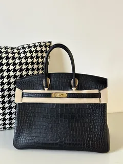 Crocodile Leather Black 35cm Matte Gold Hardware Top Handle Tote Bag WCB042 image 2