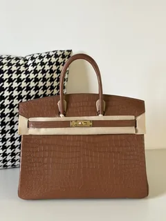 Crocodile Leather Saddle Brown 35cm Matte Gold Hardware Top Handle Tote Bag WCB043 image 1